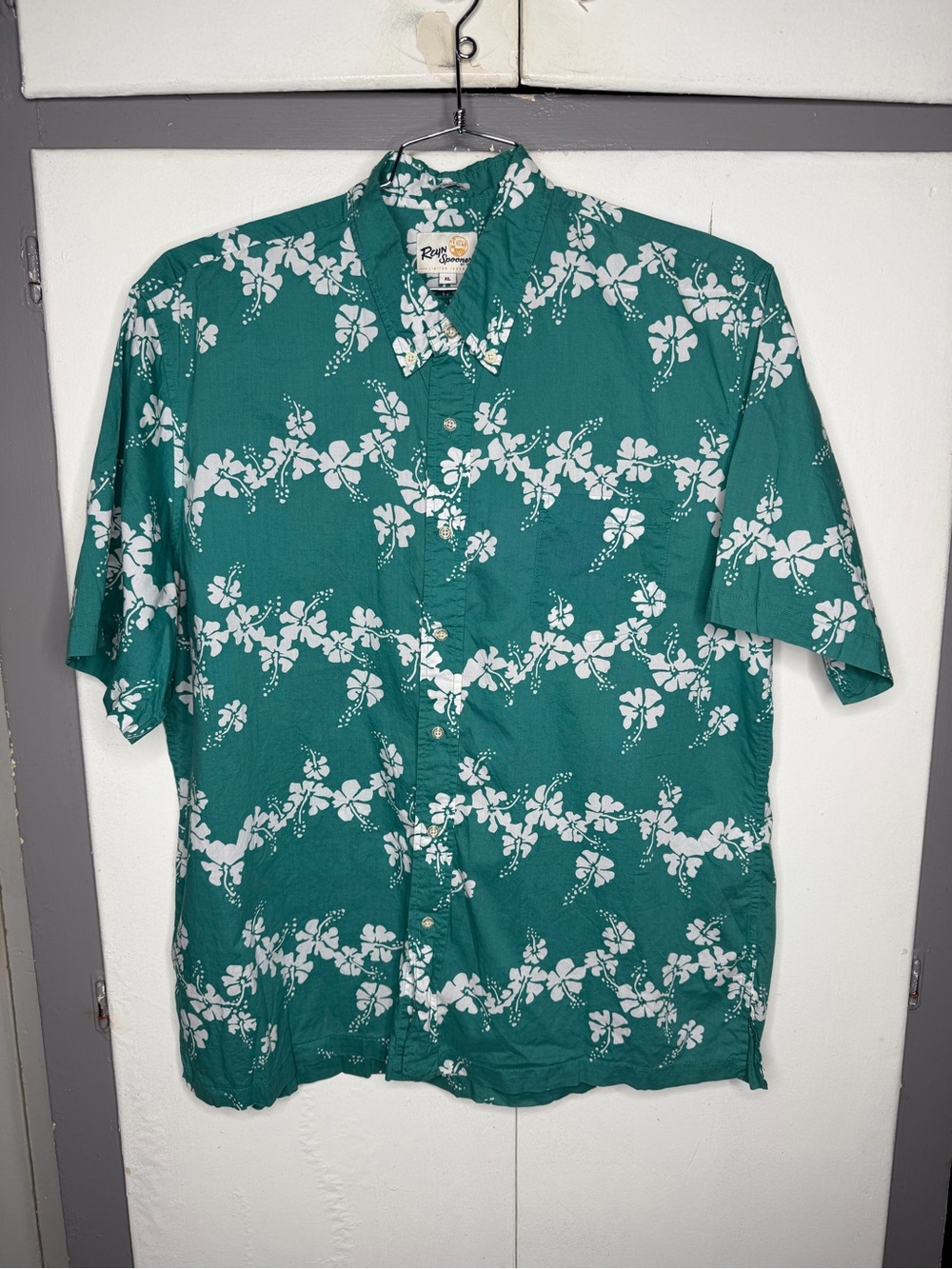 Reyn Spooner Teal Floral Hawaiian hibiscus Short Sleeve Button Up Shirt XL